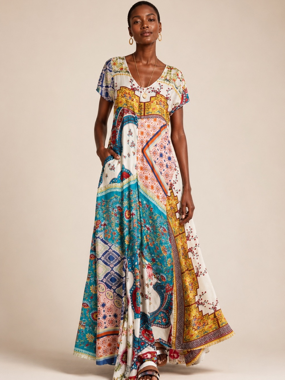 Johnny Was 100% Silk Patchwork Maxi Dress Boho Resort Vacation Caftan | Small